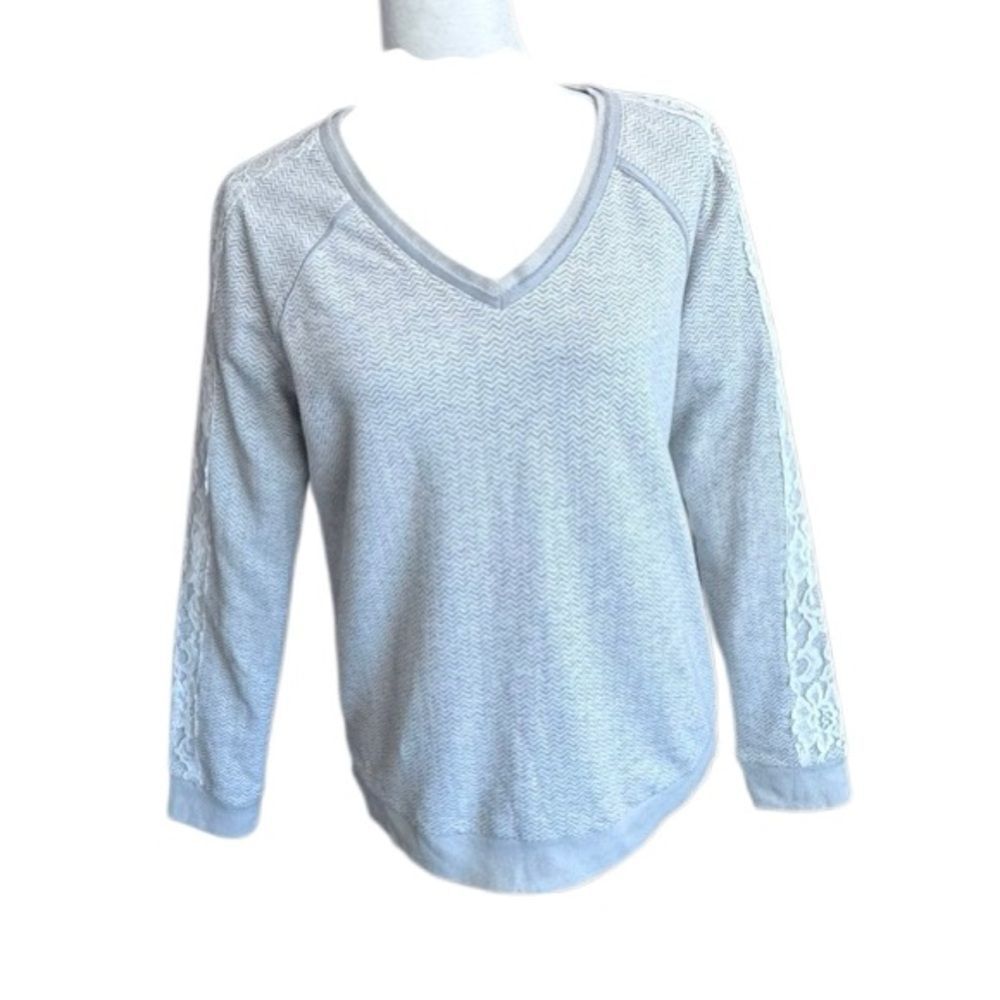 Hinge Pullover Sweater V Neck Gray White Lace Trim Striped Casual SZ S